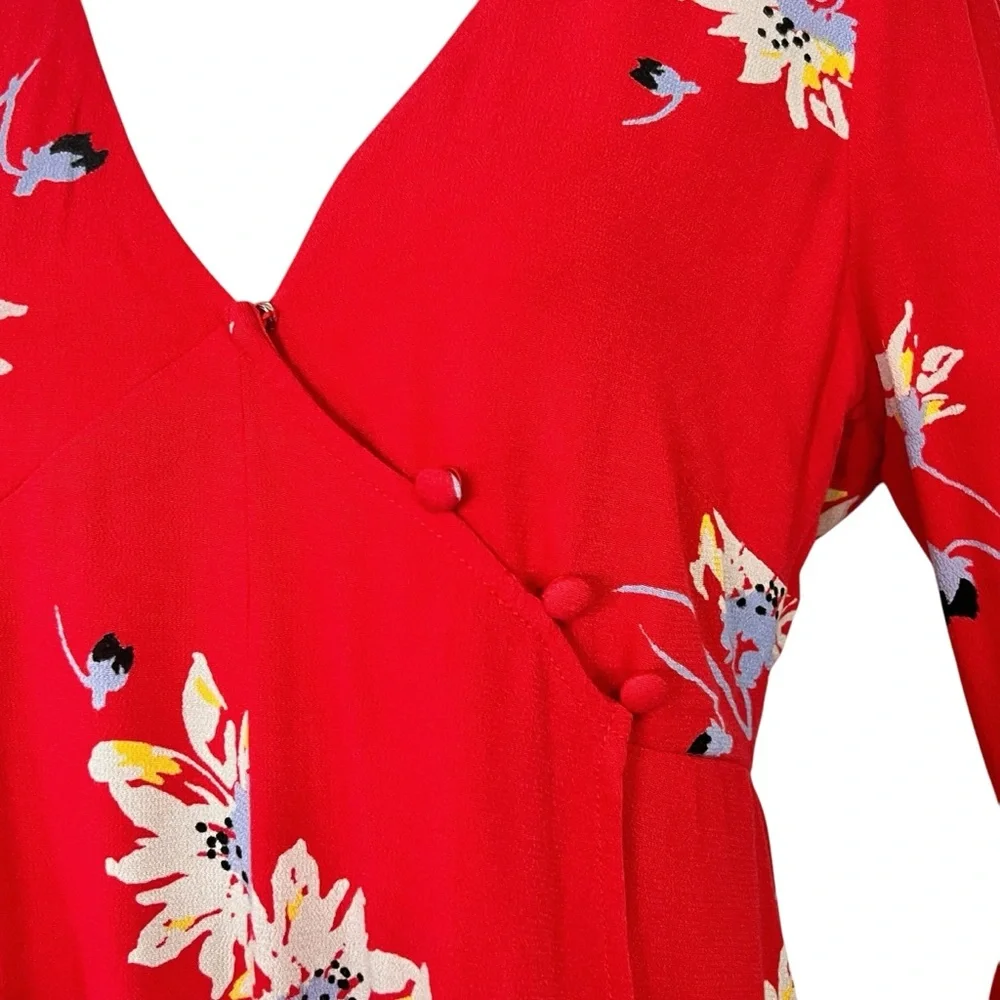 Free People Time On My Side Boho Faux Wrap Mini Dress S Red Floral Flare Sleeve
